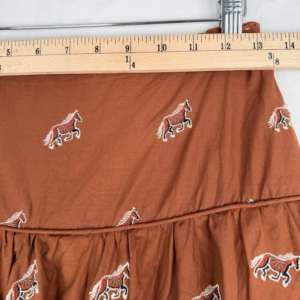 FARM Rio for Anthropologie Maxi skirt Rusty Brown Embroidered Horse Layered XS